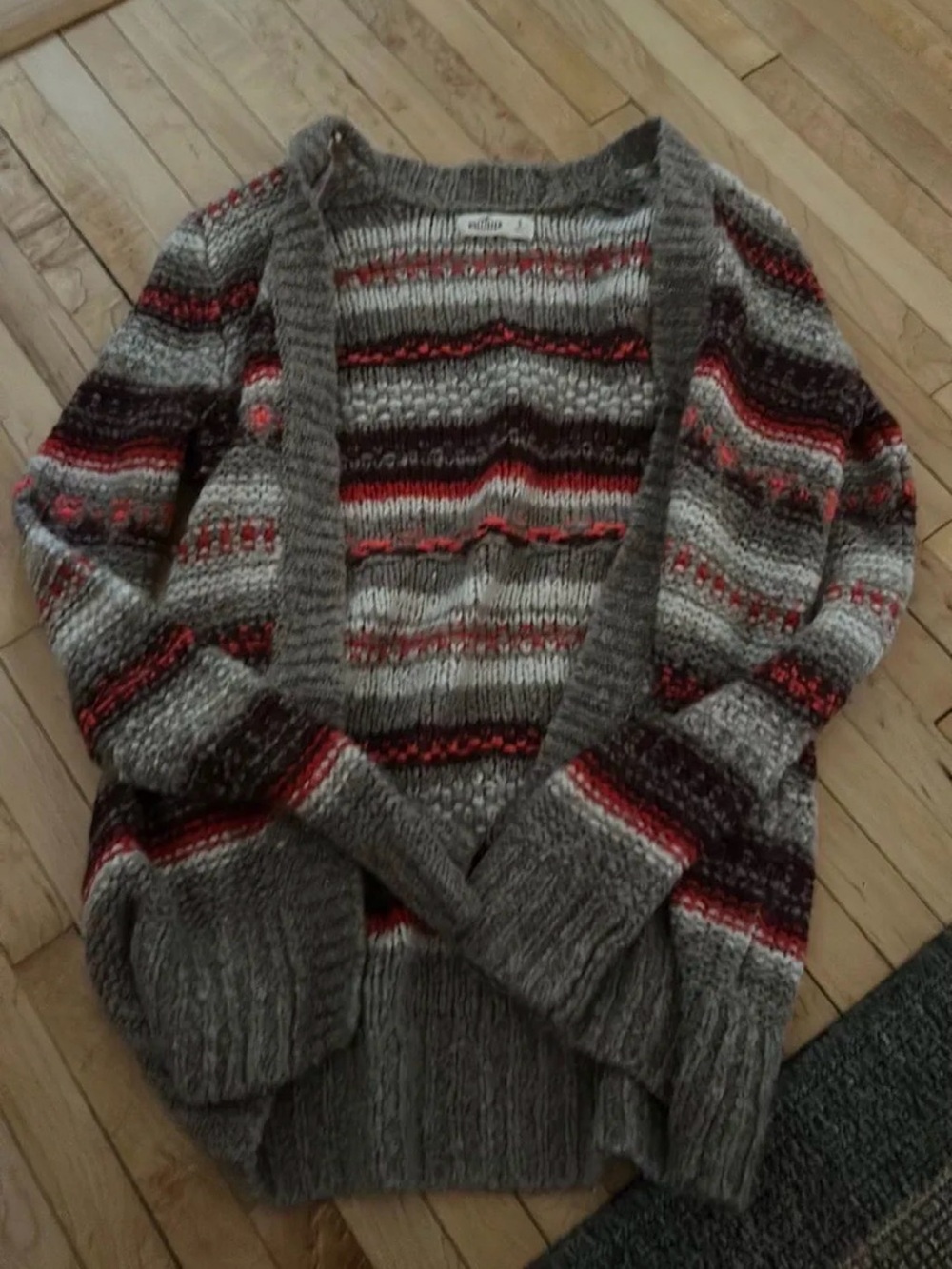 Hollister Gray Open-Front Cardigan with Red and Black Stripes